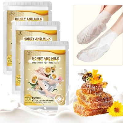 Highly Effective Foot Peel Mask 3 Pack, Milk &amp; Honey Exfoliating Foot Masks, Double Exfoliating Power Foot Mask for Dry, Cracked Feet, Callus, Dead Skin. Hydrating Foot Masks for Baby Feet