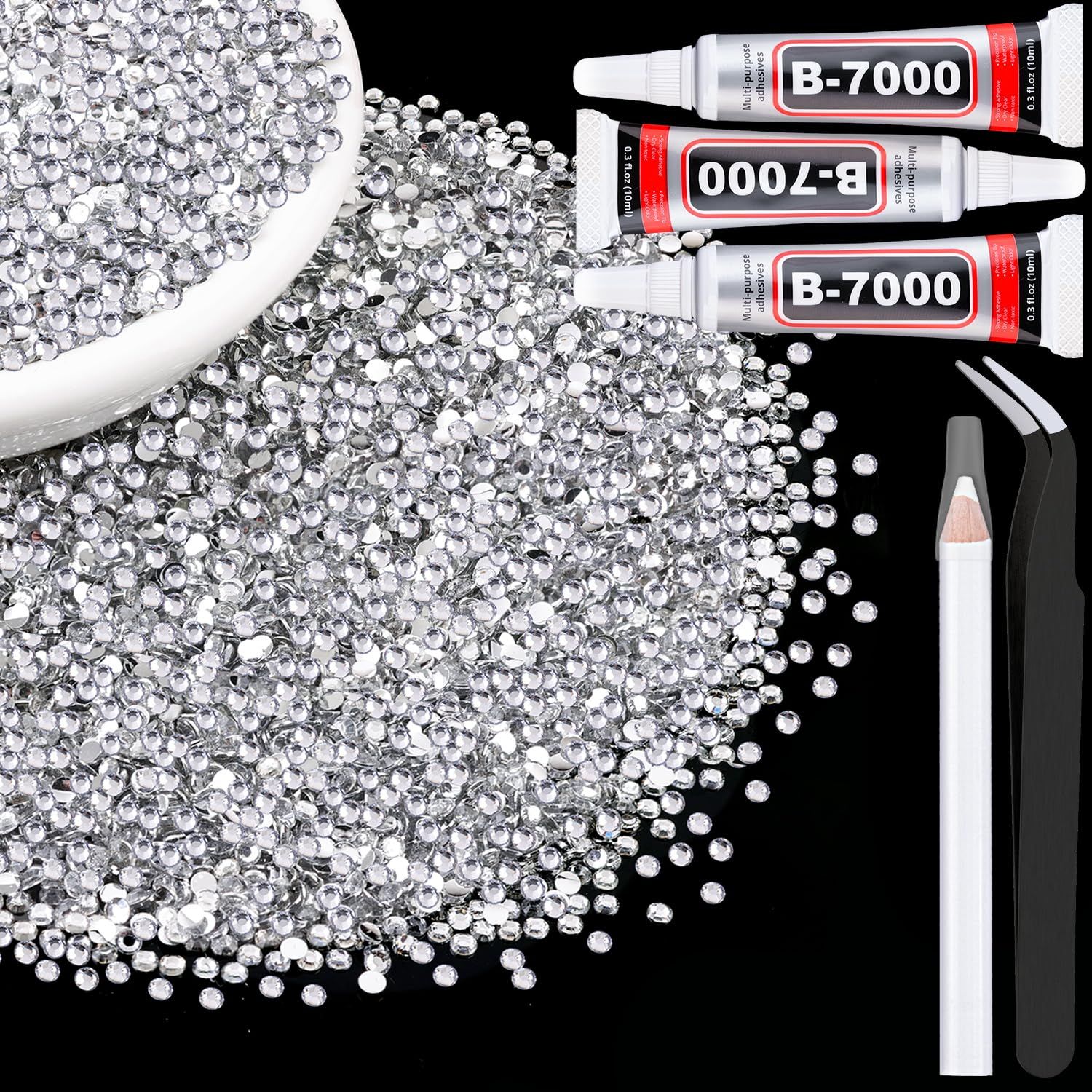 6000Pcs 3mm Resin Rhinestones with 3Pcs 10ml B7000 Jewelry Glue for Crafting, Clear Large Amount Flatback Gems, Bedazzling Crystal Bulk for DIY Crafts Clothing Tumblers Shoes Nail Art Fabric