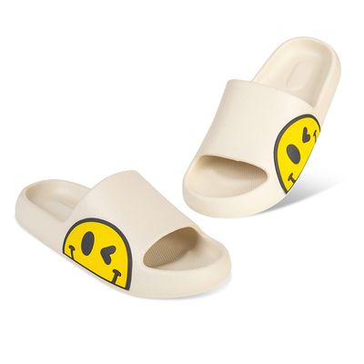 Uonesone Womens Slides,Pillow Slippers Sandals for Men,Unisex Non slip Quick Dry Shower Shoes Indoor Outdoor Open Toe Spa Bath Pool Gym House Casual Massage Smile Face Slippers(White 37/38)