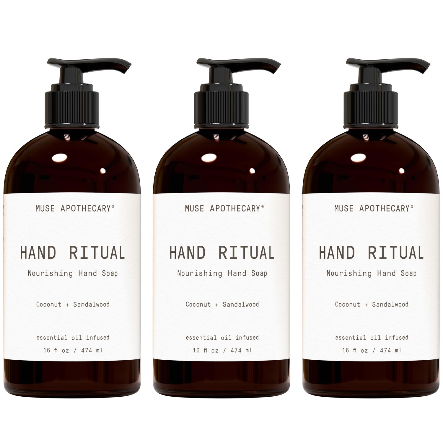 Muse Apothecary Hand Ritual - Aromatic and Nourishing Hand Soap, Infused with Natural Aromatherapy Essential Oils - USDA Certified Biobased - 16 oz, Coconut Sandalwood, 3 Pack