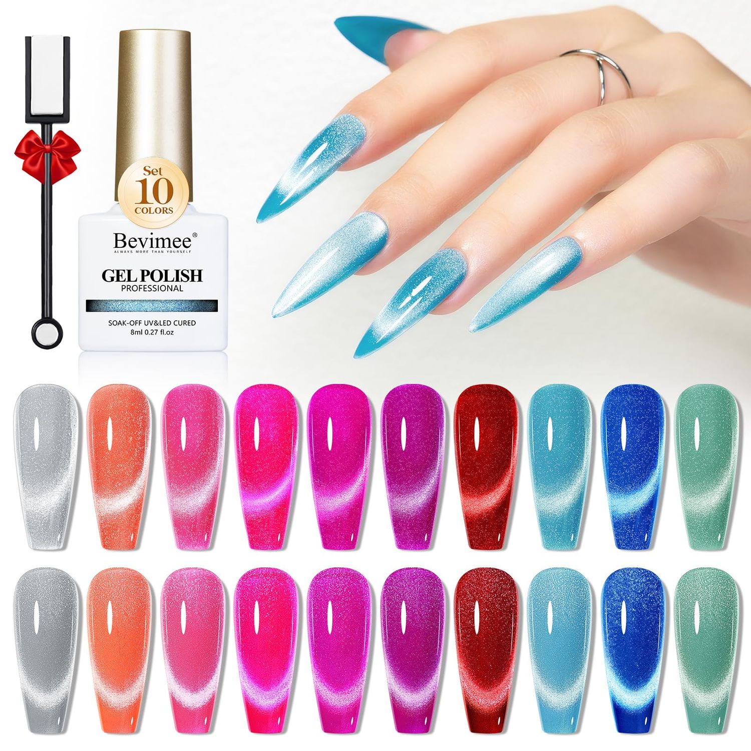 Bevimee Neon Cat Eye Gel Nail Polish Set 10 Colors: Magnetic Cateye Gel Polish 9D Effect, Sparkle Glitter Bright Red Hot Pink Blue Nail Polish Long Lasting Soak Off Home Salon