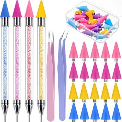 Tatuo 4 Pcs Rhinestone Picker Tool Dotting Pen Dual-ended Handle Rhinestones Applicator Gems Crystals Beads Picker Wax Pencil Pen with 20 Wax Head and 2 Tweezers for DIY Nail Art Tool(Multicolor)