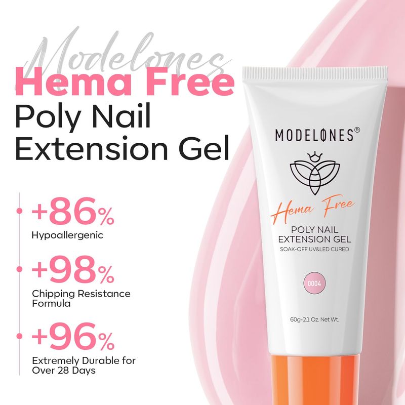 modelones Poly Nail Gel, Hema-Free 60 ML light Pink Poly Extension Gel Nail Strengthener Enhancement Soft Pastel Pink Builder Overlays Supplies Gift for Girls Women