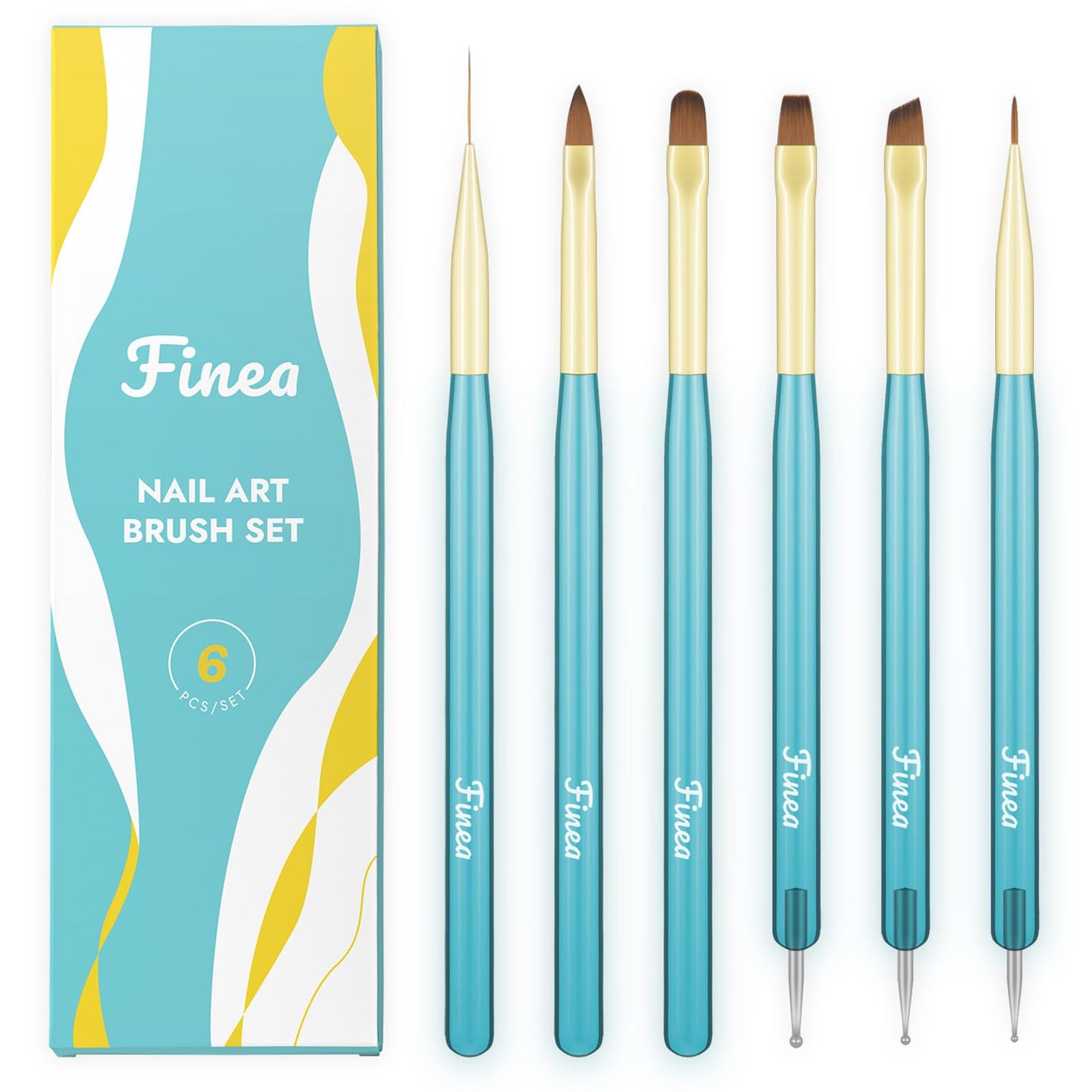 Finea Nail Art Brushes and Dotting Tools 6pcs Set for Builder Gel Polygel Gel Polish Paint Design with Flat, Round, Thin Liner, French Tip, Small Detail Painting, 3D Acrylic Flower Brushes, Gold Blue
