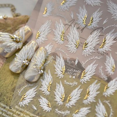 Angel Wings Nail Stickers White Gold Single Wings Nail Art Decals 5D Embossed Self-Adhesive Holographic Metal Manicure Art Supplies for Women Manicure Decorations