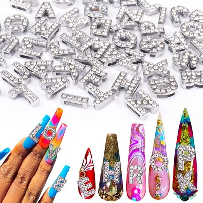 AIERSA Large Letter Nail Charms y2k, 52 Pcs Silver Nail Charms Goth, 3D Initial Rhinestones Nail Art Charms, Bling Alphabet Stickers for Nail Art Decoration Accessories, Alloy, 12 mm Tall