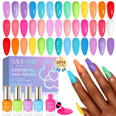 SAVILAND Quick-Dry Nail Polish Set - 20pcs Neon Rainbow Brights, Fingernail Polish Non-Gel Summer Colors with Castor Oil Infused Base &amp; Glossy/Matte Top Nail Coats for Salon &amp; Home Manicures DIY