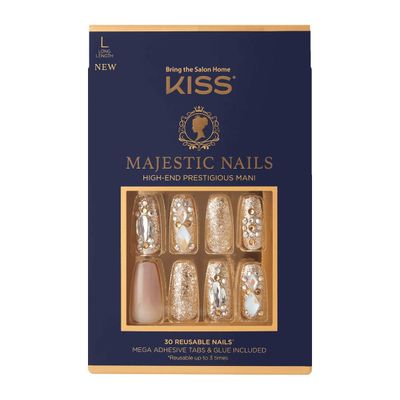 KISS Majestic Fake Nails, My Crown, High-End Gel Nails, 30 Reusable Long Length Coffin Shaped Glue-On &amp; Press-On Jeweled Accent Glue On Nails