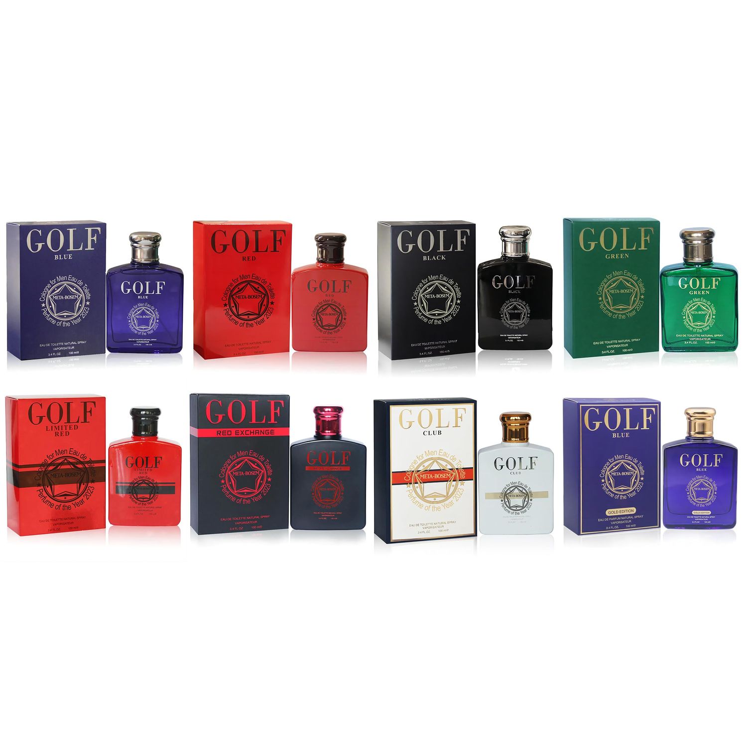 META-BOSEM Golf RedBlackBlueWhite 8-Pc Set Mens Cologne Collection, Eau de Toilette Natural Spray - Masculine Scent - Holiday Gift (Pack of 8) Each 3.4 Fl Oz, Total 27.20 Fl Oz