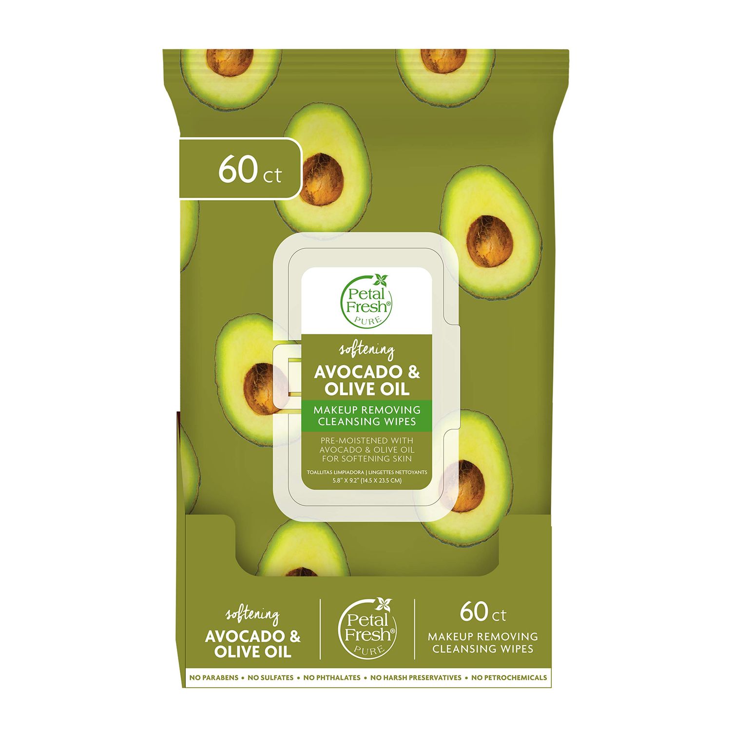 Petal Fresh Softening &amp; Protecting Avocado &amp; Olive Oil Makeup Removing, Cleansing Towelettes, Gentle Face Wipes, Daily Cleansing, Vegan and Cruelty Free, 60 count