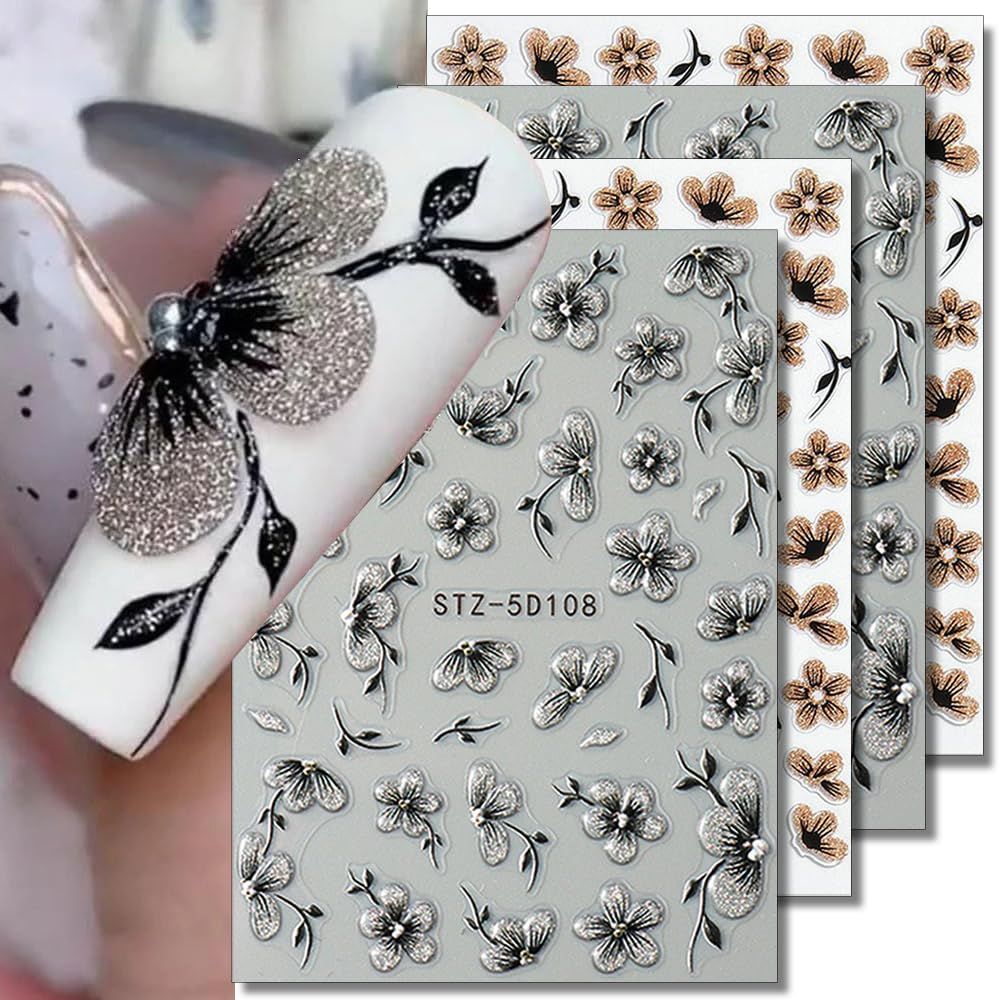 Glitter Flower Nail Stickers for Women 5D Black Silver Flower Nail Decals for Nail Art Supplies 3D Black Gold Flower Stickers for Nails Jelly Blossom Sticker Nails Stickers Floral Manicure Decorations