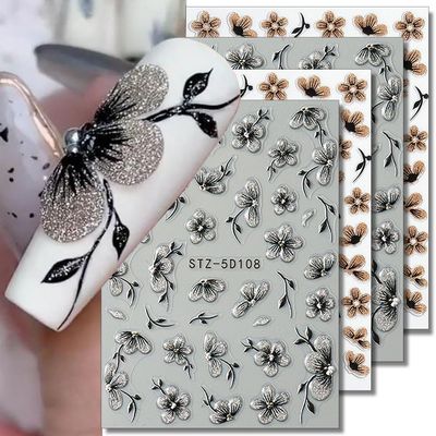 Glitter Flower Nail Stickers for Women 5D Black Silver Flower Nail Decals for Nail Art Supplies 3D Black Gold Flower Stickers for Nails Jelly Blossom Sticker Nails Stickers Floral Manicure Decorations