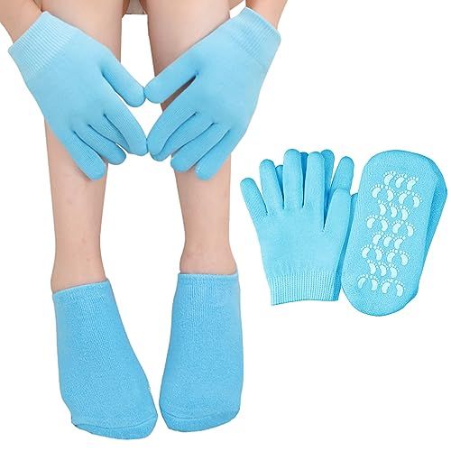 Moisturizing Glove and Sock, Gel Spa Moisturizing Therapy Sock Glove, Soften Repairing Dry Cracked, Hands Feet Skin Care, Effective in Repair Dry and Chapped Hands and Feet Skin Care(4 PCS/Blue)