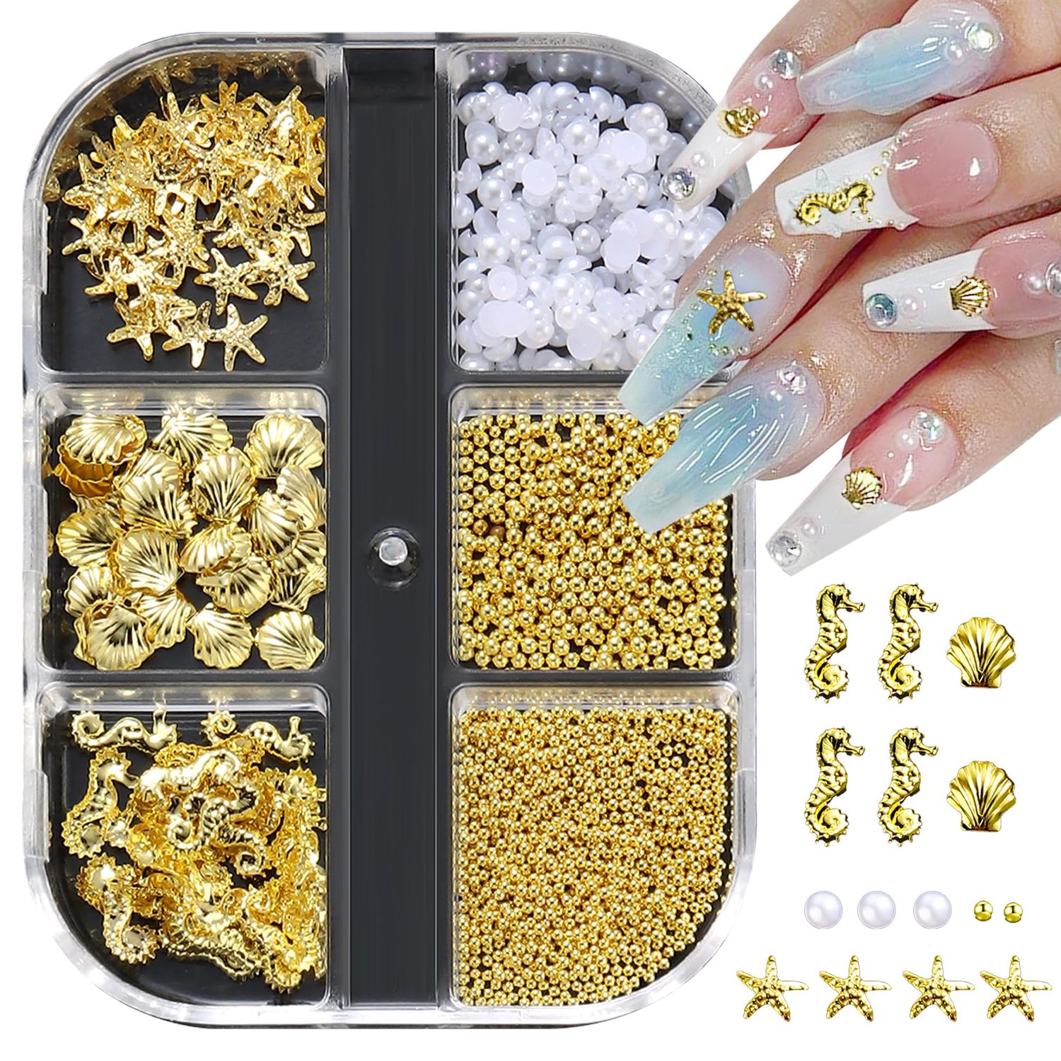 FSpronail Summer Nail Charms Nail Pearls Beach Seashell Starfish Gold Nail Charms Sea Shell Nail Gems 3D Caviar Beads Star Fish Nail Art Ocean Theme Designs Manicure Decoration Supplies