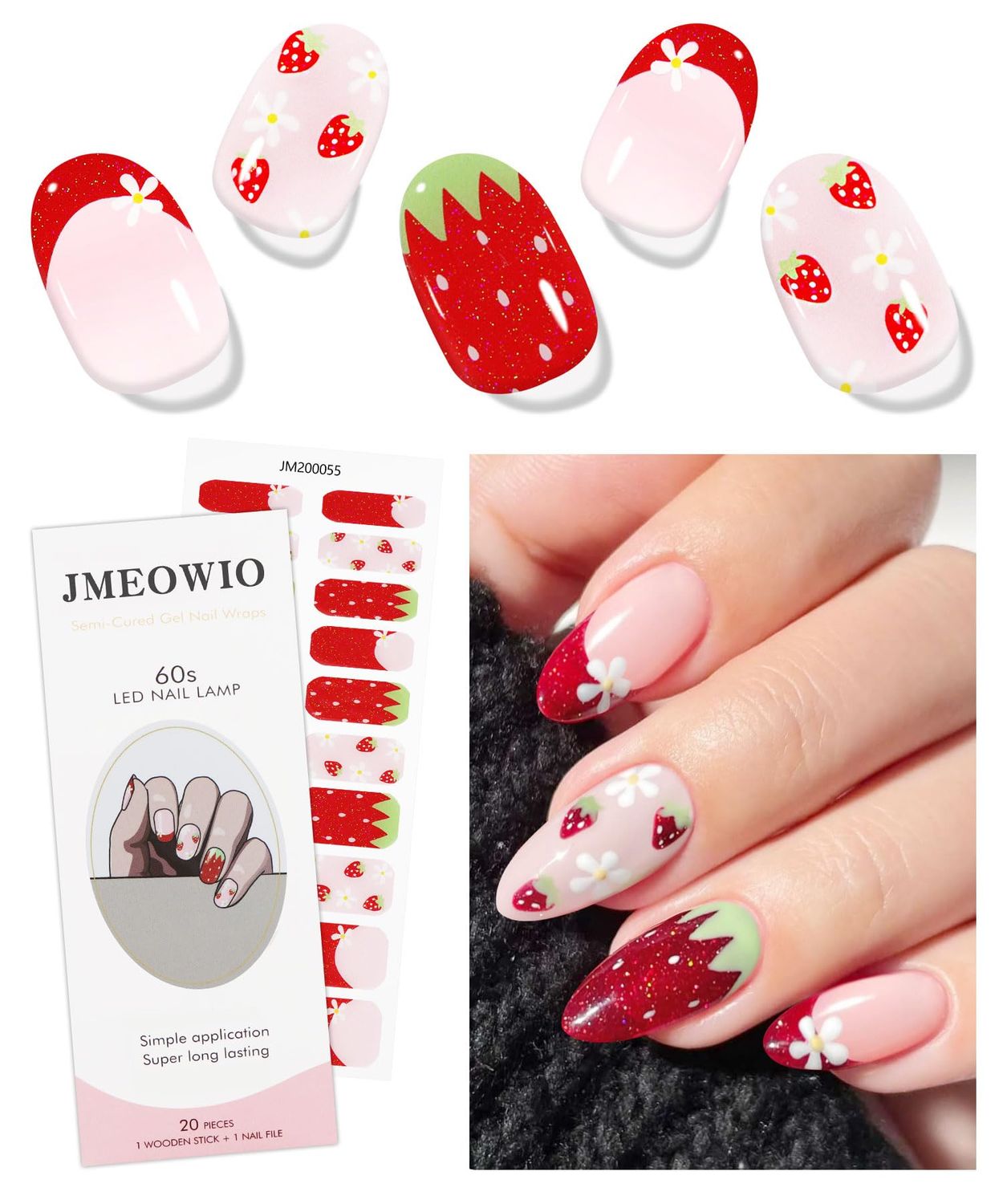 JMEOWIO Gel Nail Stickers Strawberry White Flower Semi Cured Gel Nail Strips Wraps UV/LED Nails Art Design Decoration Accessories