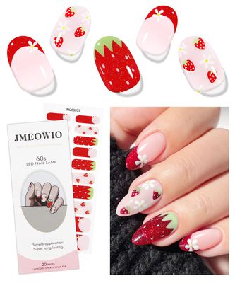 JMEOWIO Gel Nail Stickers Strawberry White Flower Semi Cured Gel Nail Strips Wraps UV/LED Nails Art Design Decoration Accessories