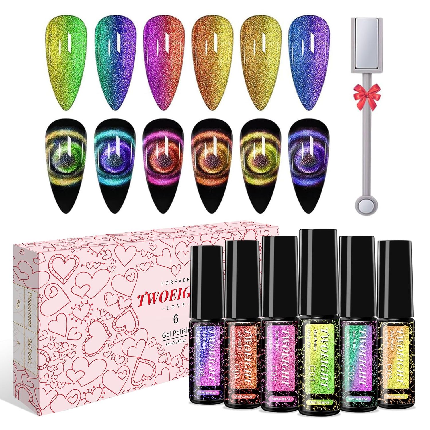 TWOEIGHT Cat Eye Gel Nail Polish, Magnetic 9D Cat Eye Gel Polish Set, 8ml6 with 1Magnets, Classic Colors Chameleon Magic Galaxy Effect Soak off Nail Art - Sparkle Stunning Gel Polish Gift for Women