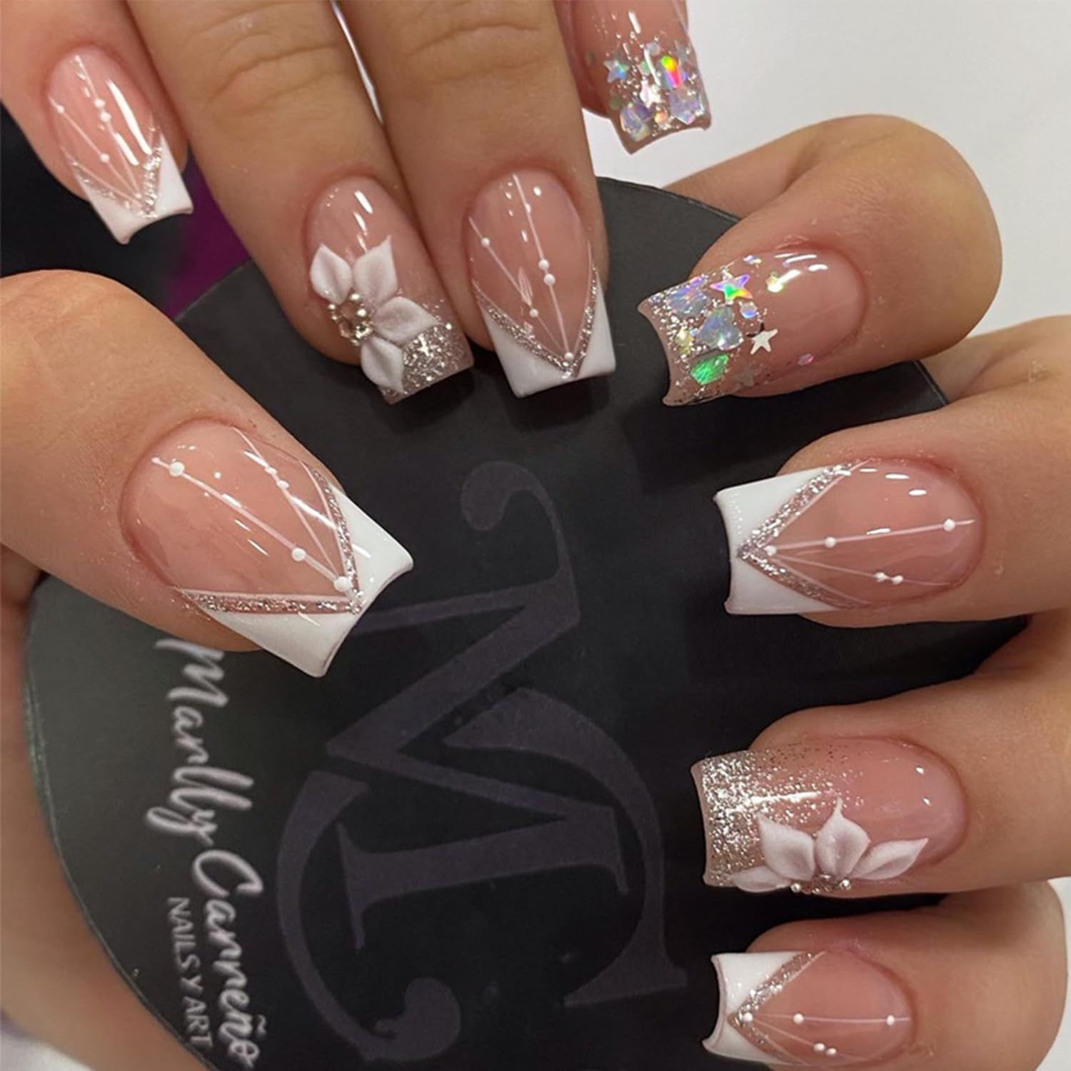24Pcs French Tips Press on Nails Short Square Fake Nails Nude Pink Full Cover Glue on Nails with Glitter Sequins Designs White Nail Tips Acrylic Artificial Nails Medium False Nails for Women Girls