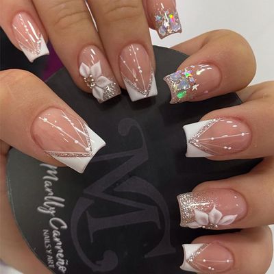 24Pcs French Tips Press on Nails Short Square Fake Nails Nude Pink Full Cover Glue on Nails with Glitter Sequins Designs White Nail Tips Acrylic Artificial Nails Medium False Nails for Women Girls