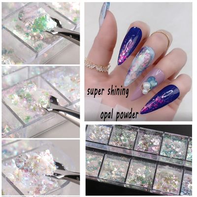 Holographic Opal Nail Art Glitter Flakes Powder Aurora Iridescent Pigment Ice Crystal Mermaid Paillettes Sparkly Sequins Design for Manicure Decoration Accessories 12 Grids