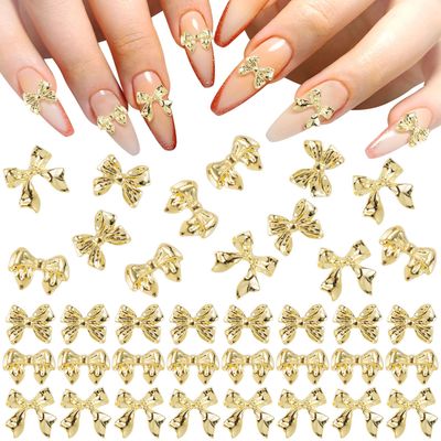 HINZIC 90Pcs Gold Bow Nail Charm 3 Styles Bowknot Nail Bows Glitter Acrylic Kawaii Halloween Christmas Wedding Prom Decoration for Women Scrapbook Envelope Cards Making