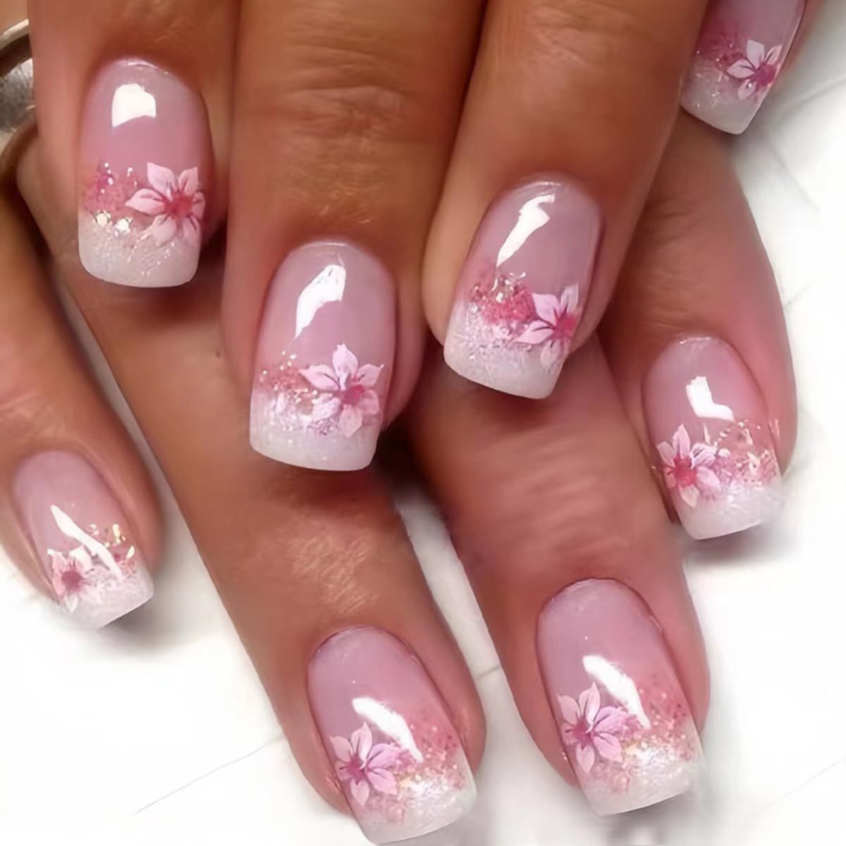 24 Pcs Pink Press on Nails Short Square - Summer French Fake Nails Cute False Nails Press ons Full Cover Nail Tips with Pink Flower Designs Acrylic Glue on Nails Kit for Women Girls