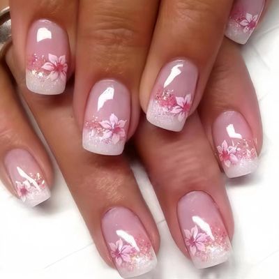 24 Pcs Pink Press on Nails Short Square - Summer French Fake Nails Cute False Nails Press ons Full Cover Nail Tips with Pink Flower Designs Acrylic Glue on Nails Kit for Women Girls