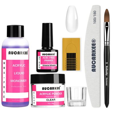 Aucarkee Acrylic Nail Kit with Primer, 1oz Clear Acrylic Powder and 2.5 Fl.oz Liquid Monomer Set for Beginners with Kolinsky Brush Nail Forms File for Nail Extension Carving Rhinestone Adhesive