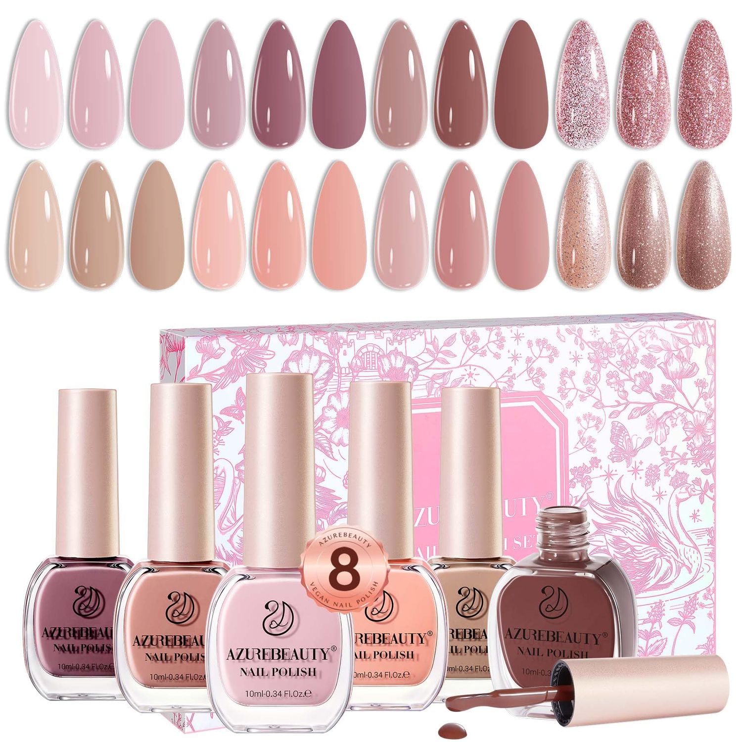 AZUREBEAUTY Light Dark Pink Nude Orange Champagne Glitter Quick Dry Nail Polish Set 8 Colors, Natural Nail Lacquer Strengthening Treatment Kit DIY Salon