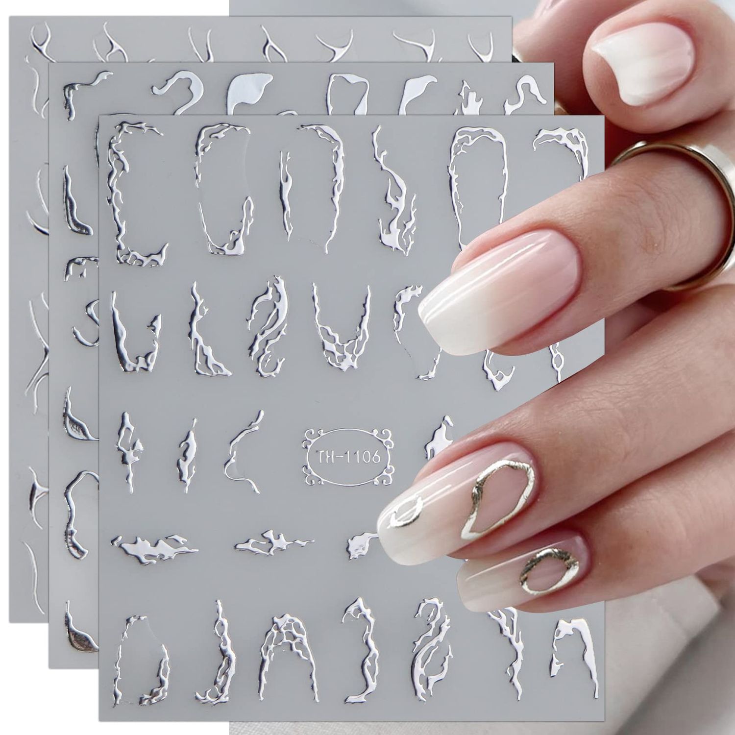 JMEOWIO 9 Sheets Marble Line Nail Art Stickers Decals Self-Adhesive Pegatinas Uas Silver Nail Supplies Nail Art Design Decoration Accessories