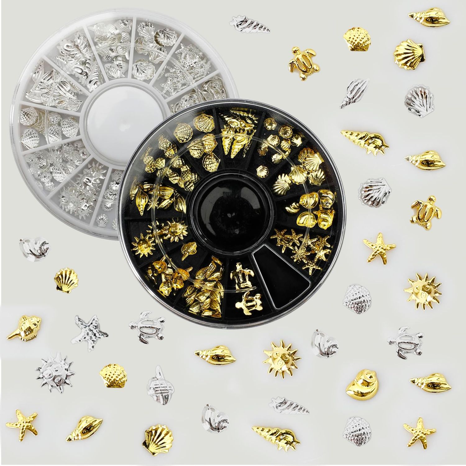 2 Disc Ocean Nail Art Charms, Beach Starfish Sea Seashell Nail Decal, Alloy 3D Nail Gems Jewelry Decoration Supplies for Manicure DIY Nail Embellishments 12 Style- Silver &amp; Gold