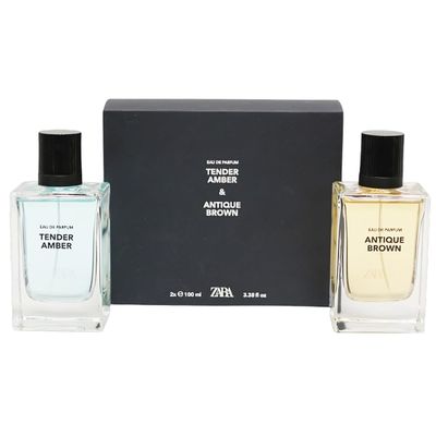 Zara Tender Amber Antique Brown Cologne for Men Fragrance Set EDP Eau De Parfum Luxurious Dual Scent Collection 2x 100 ML (3.4 FL OZ)