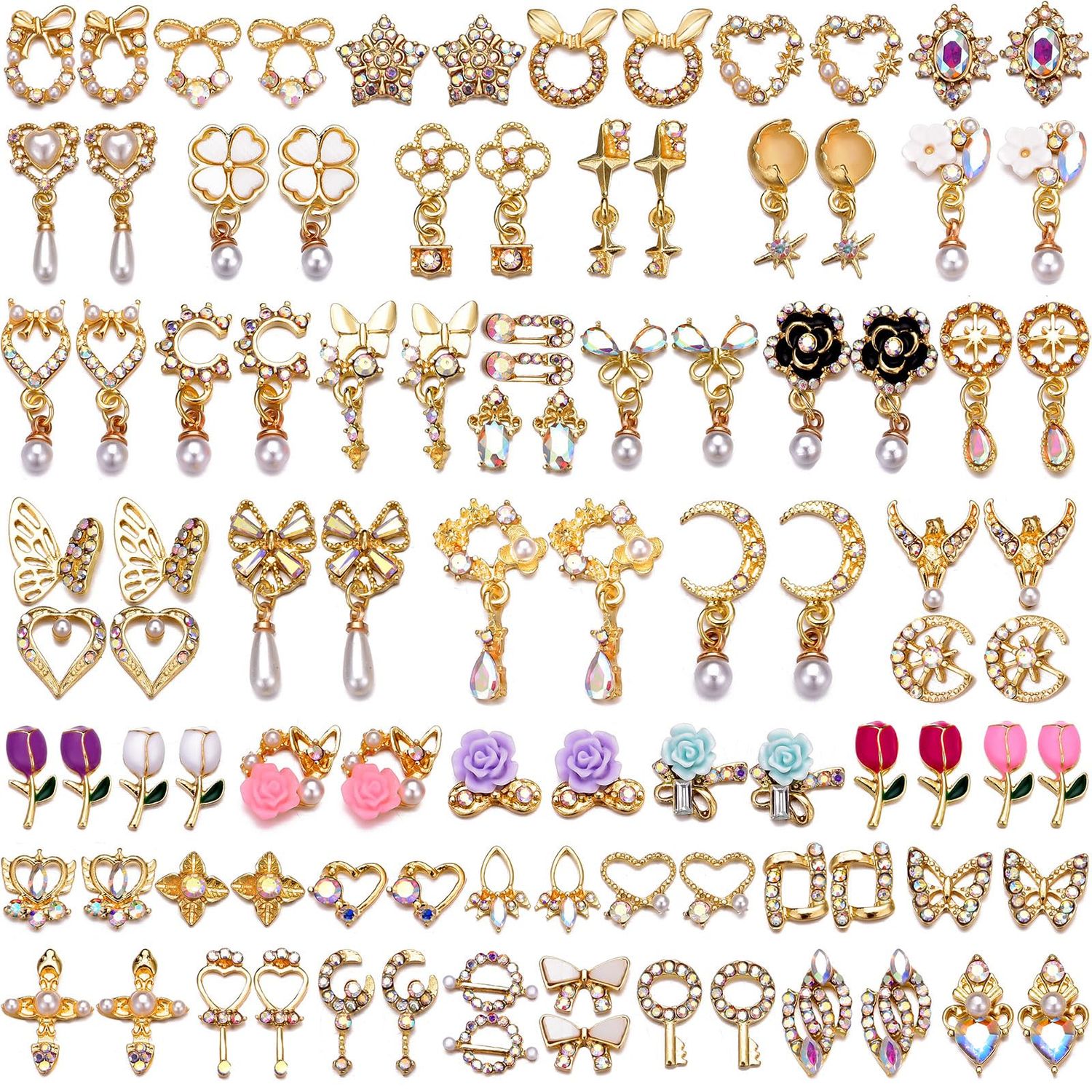 50 pcs 3D Flower Nail Charms Y2K Nail Charms for Acrylic Nails Luxury Gold Butterfly Nail Charms for Nail Art 3D Nail Art Charms Bulk Pearl Nail Charms Gold Gems for Nails Nail Rhinestones Charms