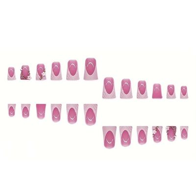 24Pcs Duck Press on Nails Short Fake Nails 3D French Tip False Nails Handmade Acrylic Nails Press ons Glitter Rhinestone Flower Nails Full Cover Reusable Stick on Nails for Women Spring Summer Nails