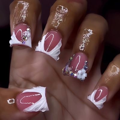 24Pcs Duck Press on Nails Short Fake Nails 3D French Tip False Nails Handmade Acrylic Nails Press ons Glitter Rhinestone Flower Nails Full Cover Reusable Stick on Nails for Women Spring Summer Nails