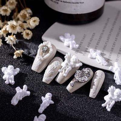 WOKOTO 90PCS White Embossed Angel Nail Charms for Acrylic Nails 3D Angel Baby Nail Art Charms Retro Baroque Cupid Designs Nail Art Accessories Jewelry Decorations for Women Nail Supplies