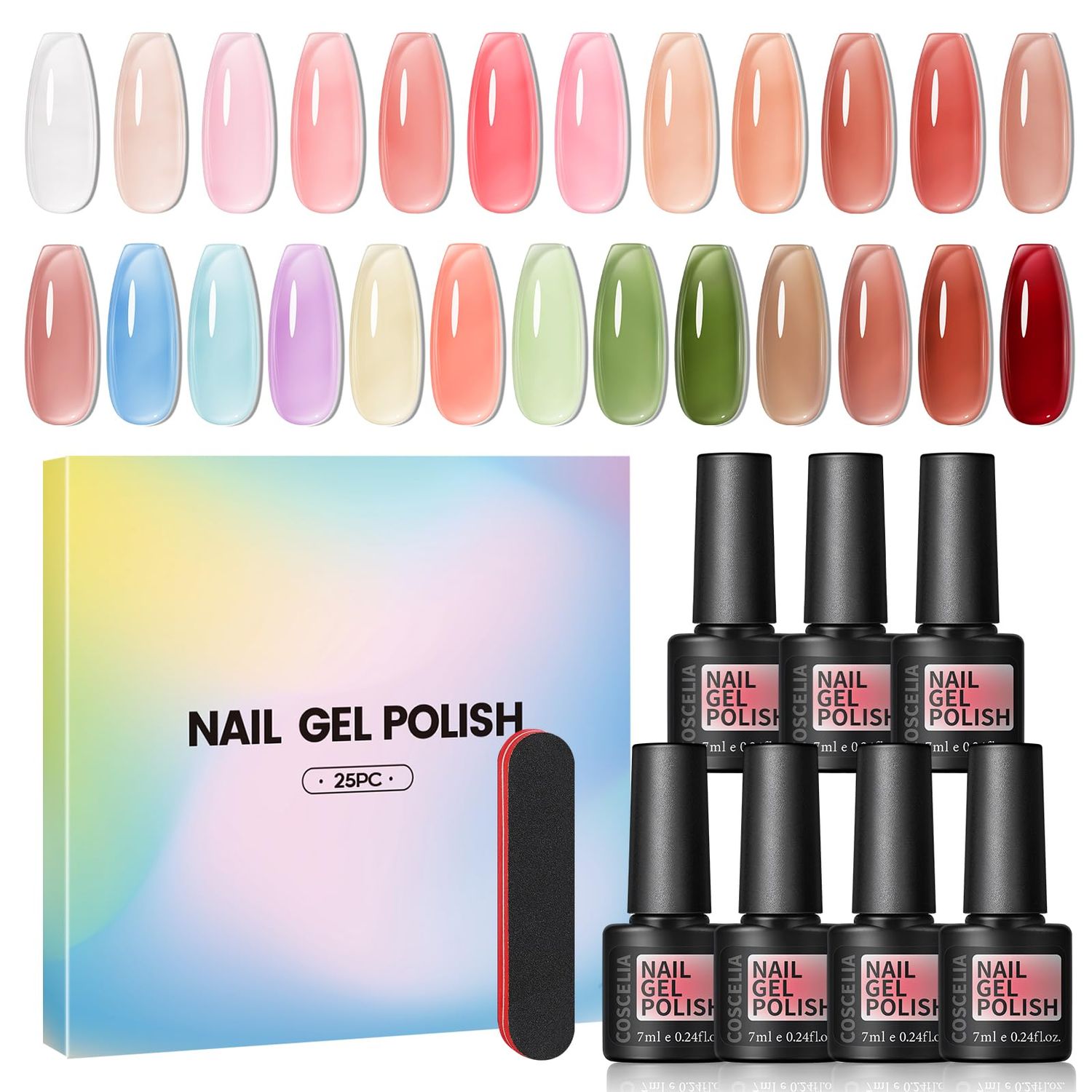 COSCELIA Jelly Gel Polish Set 25 Colors Translucent Ice Jelly Gel Nail Polish for Women All Seasons Red Green Brown Colors Nail Manicure Kit Salon DIY at Home Gifts for Women