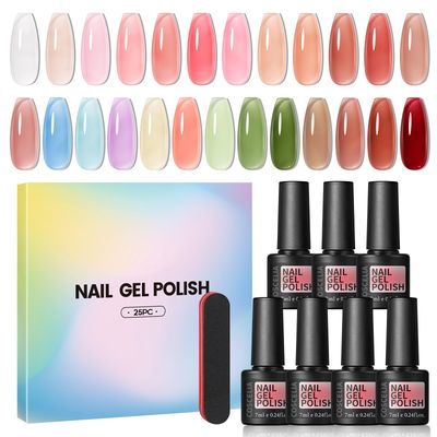 COSCELIA Jelly Gel Polish Set 25 Colors Translucent Ice Jelly Gel Nail Polish for Women All Seasons Red Green Brown Colors Nail Manicure Kit Salon DIY at Home Gifts for Women