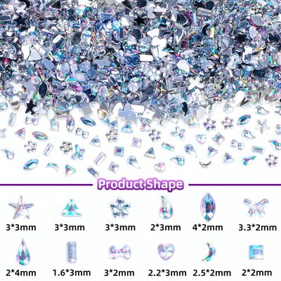 2000 Pcs AB Mini Nail Stones and Gems, Nail Crystal Multi Shape Small Nail Art Gems, Flatback AB Nail Gems Rhinestones, Heart Star Flower Tiny Diamond Nail Stones for Nail Art Crafts Clothing Makeup