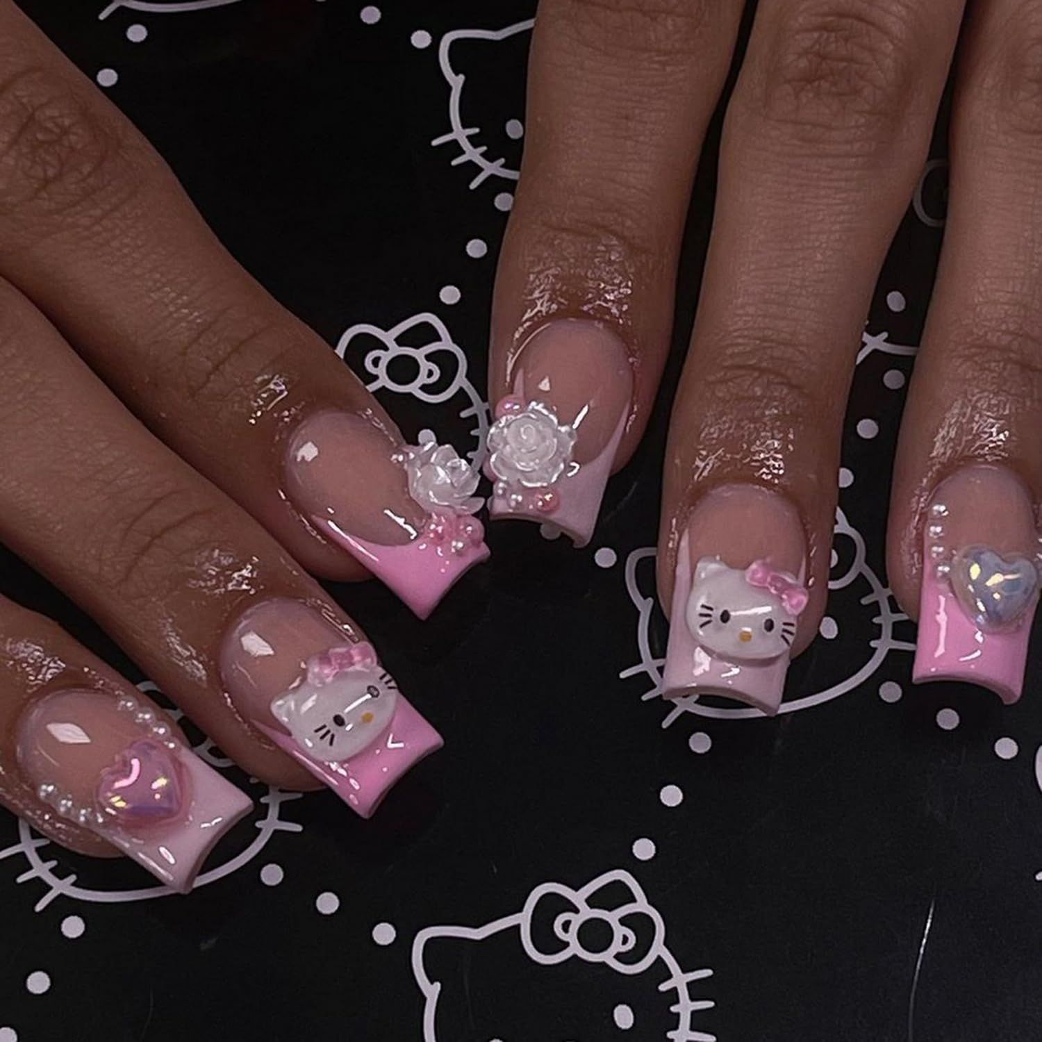 Pink French Tip Press on Nails Short Square Fake Nails with Embossed Heart Rose Designs Valentines Love Pearl False Nails Glossy Full Cover Acrylic Nails for Women Nail Art 24 Pcs