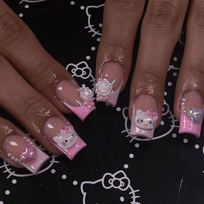 Pink French Tip Press on Nails Short Square Fake Nails with Embossed Heart Rose Designs Valentines Love Pearl False Nails Glossy Full Cover Acrylic Nails for Women Nail Art 24 Pcs