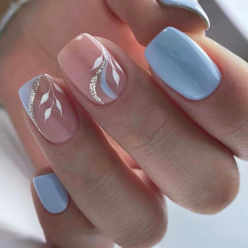 BAOYAALIN Press on Nails Short Medium Square Light Blue Fake Nails with Simple Leaves Design, Press ons Artificial Acrylic Full Cover False Stick on Nail for Women Girls Daily Wear Wedding 24Pcs