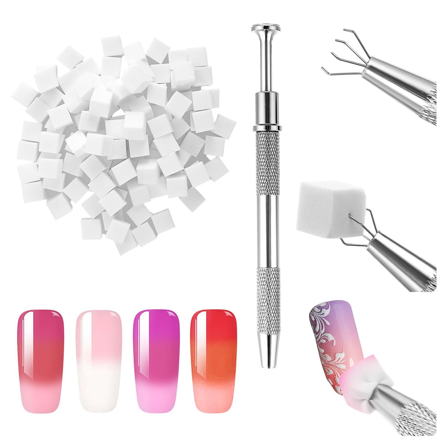 100Pcs Soft Nail Sponges for Ombre, Nail Art Sponges With Grabbing Pen, Blooming Nails, Nail Sponges, Ombre Nail Brush, Nail Art Manicure Tools Supplies, Nail Accessories for Home and Salon