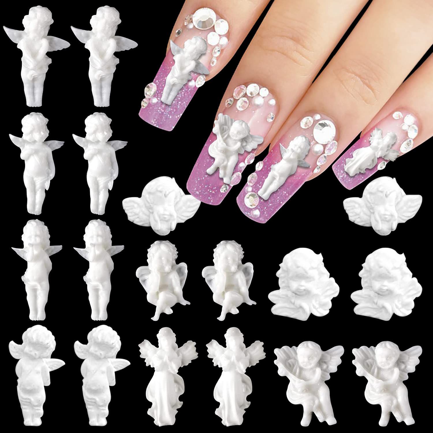 WOKOTO 90PCS White Embossed Angel Nail Charms for Acrylic Nails 3D Angel Baby Nail Art Charms Retro Baroque Cupid Designs Nail Art Accessories Jewelry Decorations for Women Nail Supplies