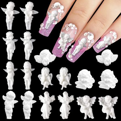 WOKOTO 90PCS White Embossed Angel Nail Charms for Acrylic Nails 3D Angel Baby Nail Art Charms Retro Baroque Cupid Designs Nail Art Accessories Jewelry Decorations for Women Nail Supplies