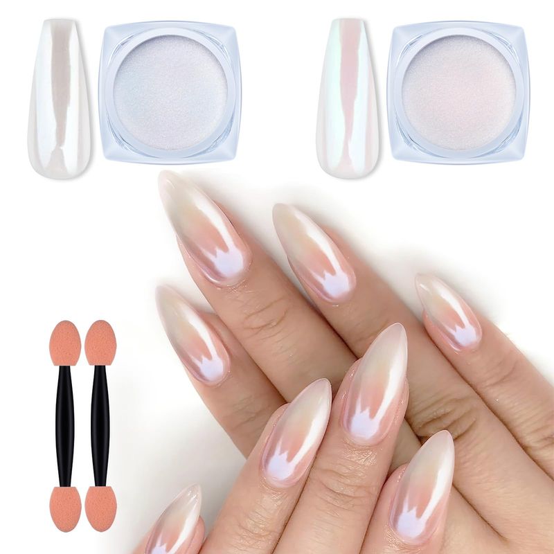 Artdone 2 Jars Chrome Nail Powder White and Red Pearl, Iridescent Aurora Powder Metallic Mirror Effect Pigment Pearlescent Mermaid Pearl Dust Kit, Decoration Resin Craft