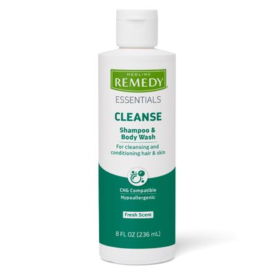 Medline Remedy Essentials Shampoo and Body Wash (8 fl oz), Fresh Scent, Full Body Cleanser with Aloe, For Adults &amp; Elderly, Easy Rinse Gel for Bath, Shower or Bedside Bathing