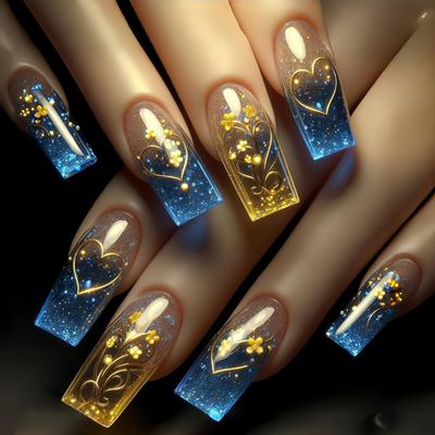 Gold Love Heart Acrylic Nails Blue Gradient Valentines Press on Nails Square Golden Flowers and Heart Pattern Design Valentines Nails Artificial Coffin Nails Glossy Glue on Nails for Women