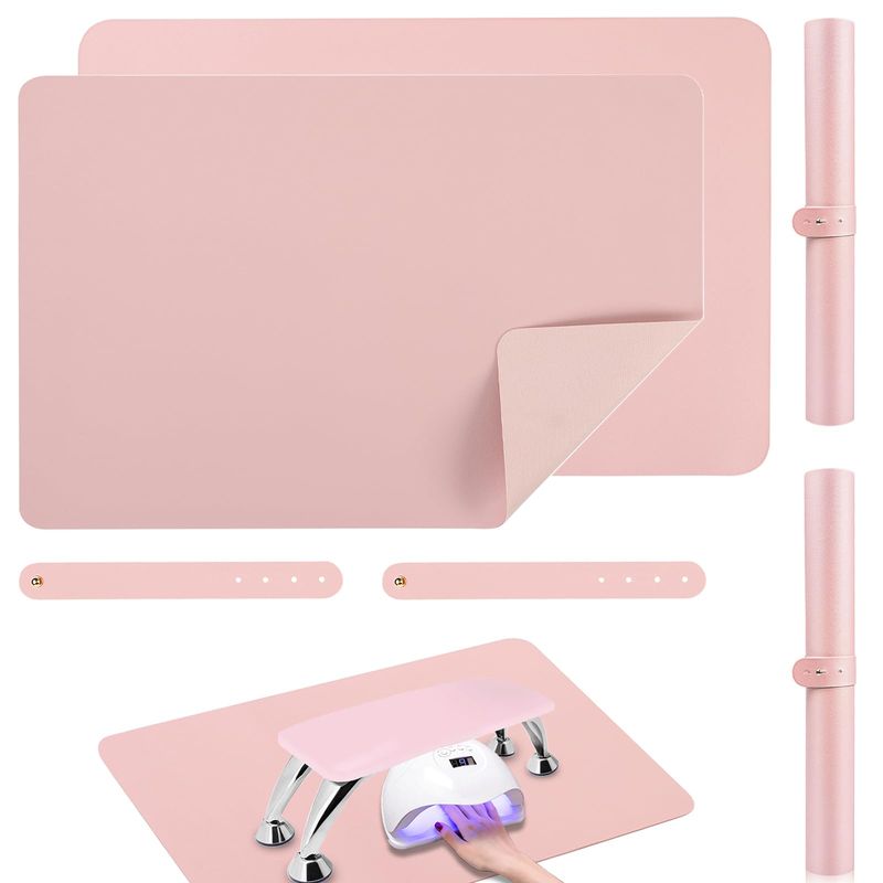 2 PCS Nail Art Table Mat, Soft Microfiber PU Leather Nail Pad, Foldable Nail Art Rest Pad, Reusable Nail Mat for Table Desk, Acrylic Nail Desk Mat for Nail Cushion (Pink and Pink)
