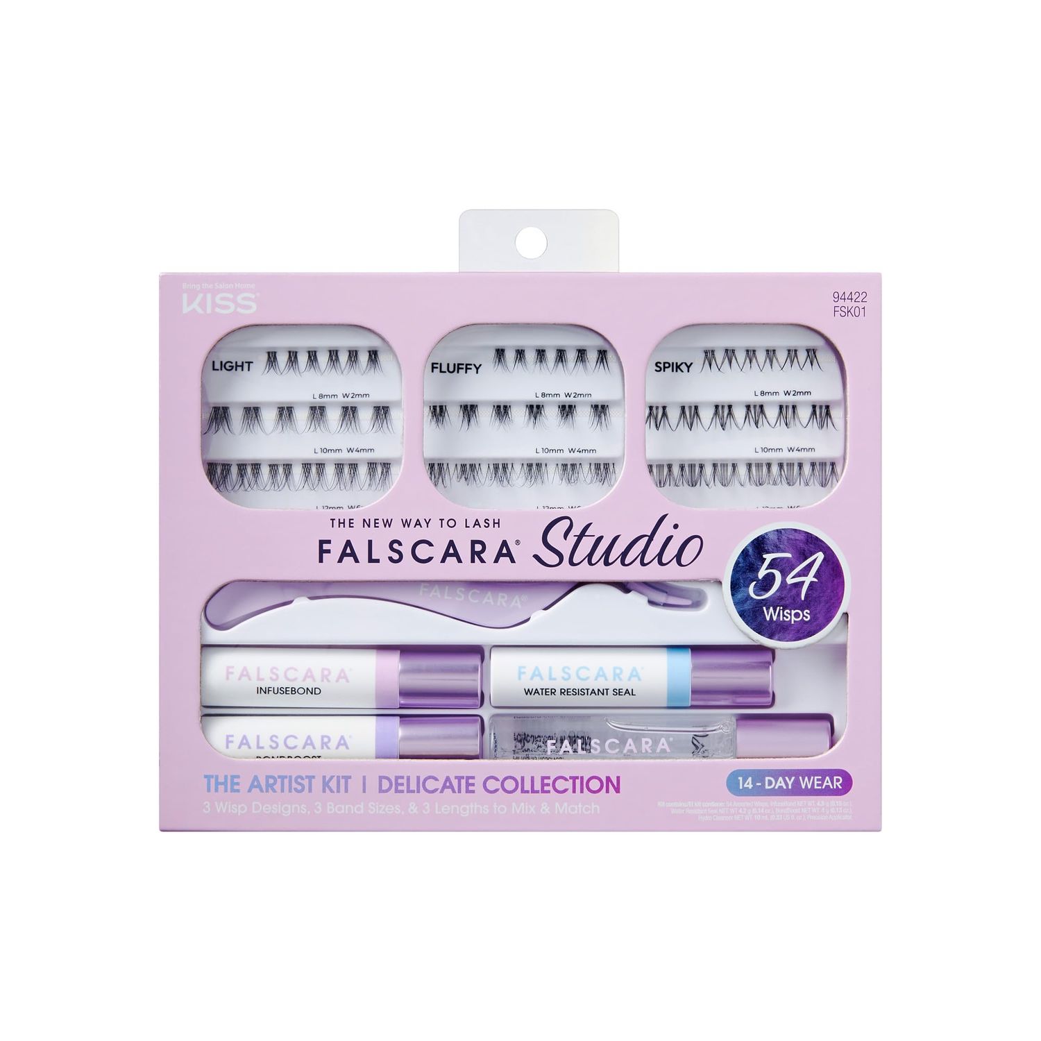 FALSCARA STUDIO Lash Extension Kit, 54 Stackable Lash Clusters, Light Volume, 8mm-12mm, Delicate, False Eyelashes, InfuseBond, Water-Resistant Seal, BondBoost, Hydro Cleanser, Applicator